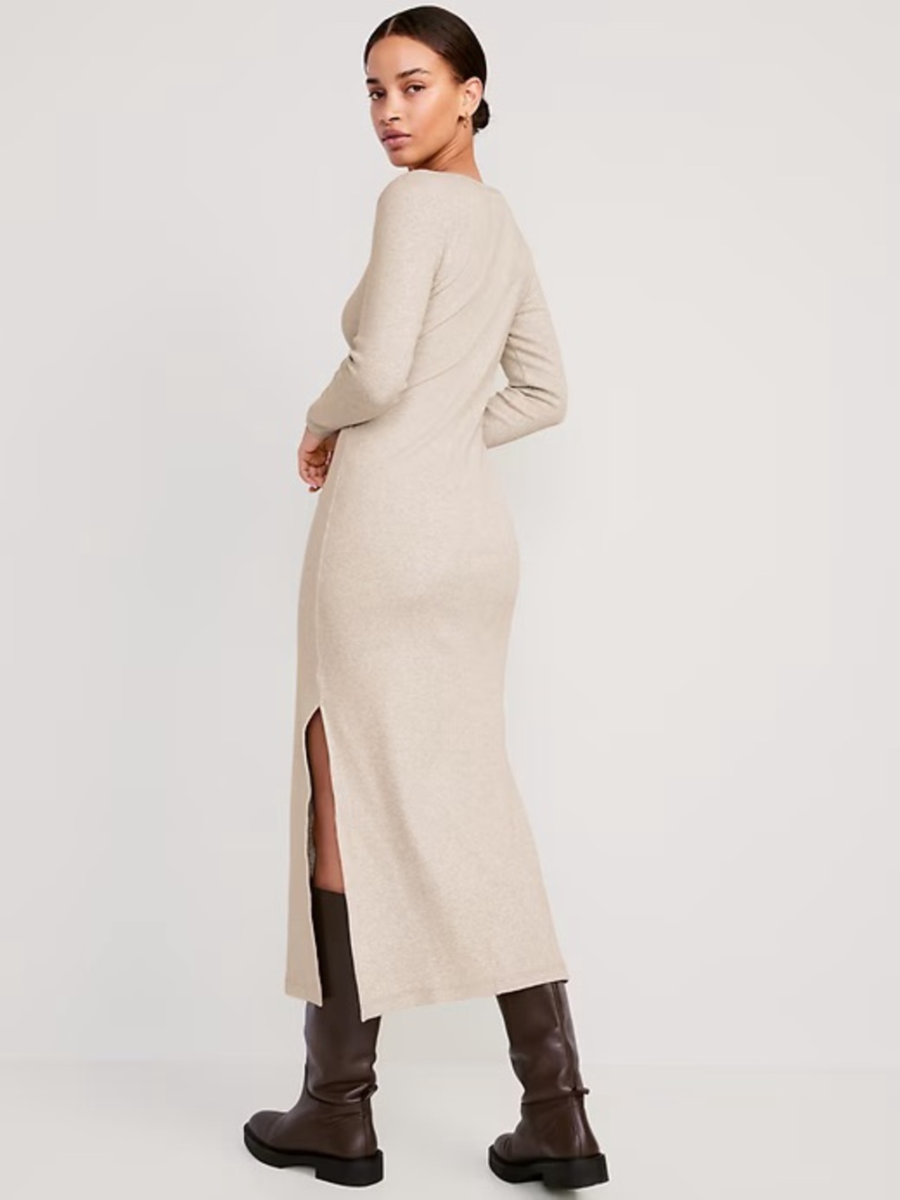 Old Navy Long Sleeve Ribbed Knit Maxi Dress in Beige